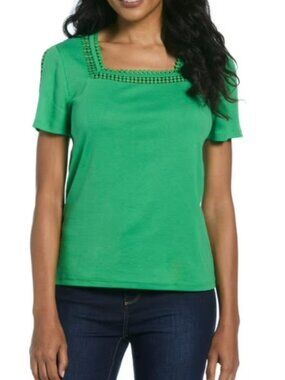 Rafaella Women's Crochet Lace Trims Cotton Short Sleeve Square Neck Top